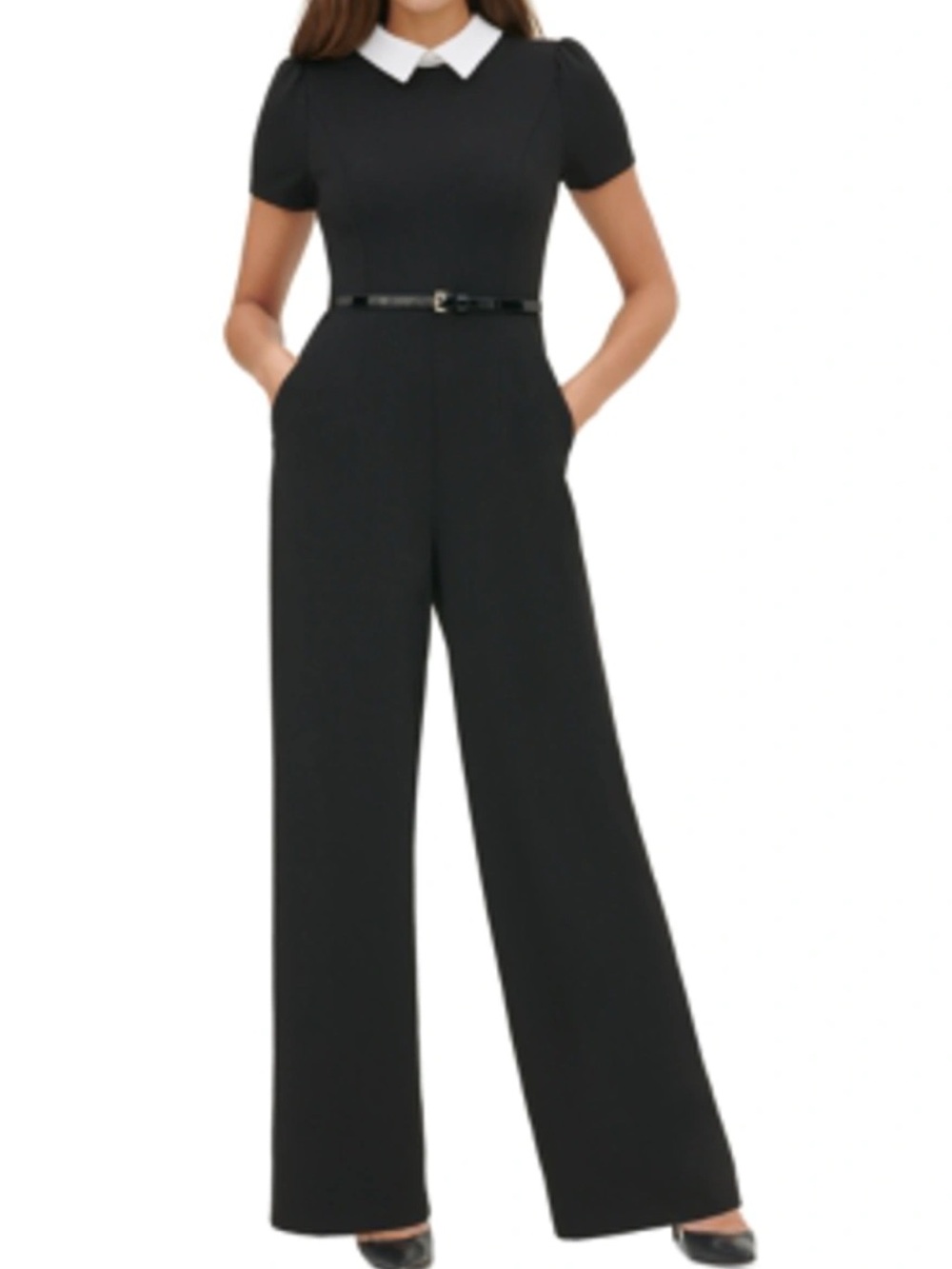 Tommy Hilfiger Contrast Collared Belted Black White Jumpsuit Size 2